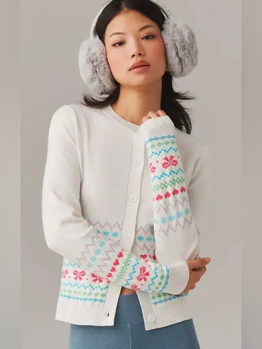 Beach Riot White Fair Isle Bow Print Cardigan